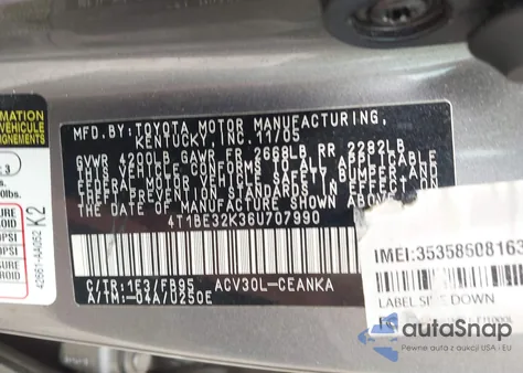 2006 Toyota Camry Le z USA, uszkodzony, nr VIN 4T1BE32K36U707990